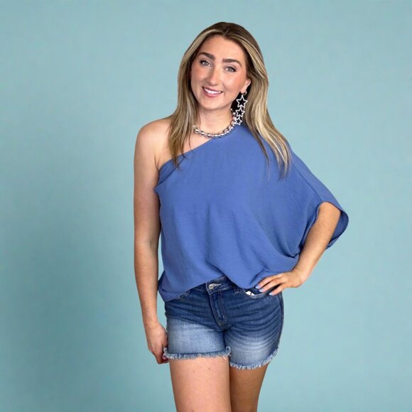 eesome Tops - Eesome Royal Blue One Shoulder Dolman Sleeve Flowy Loose Fit Blouse